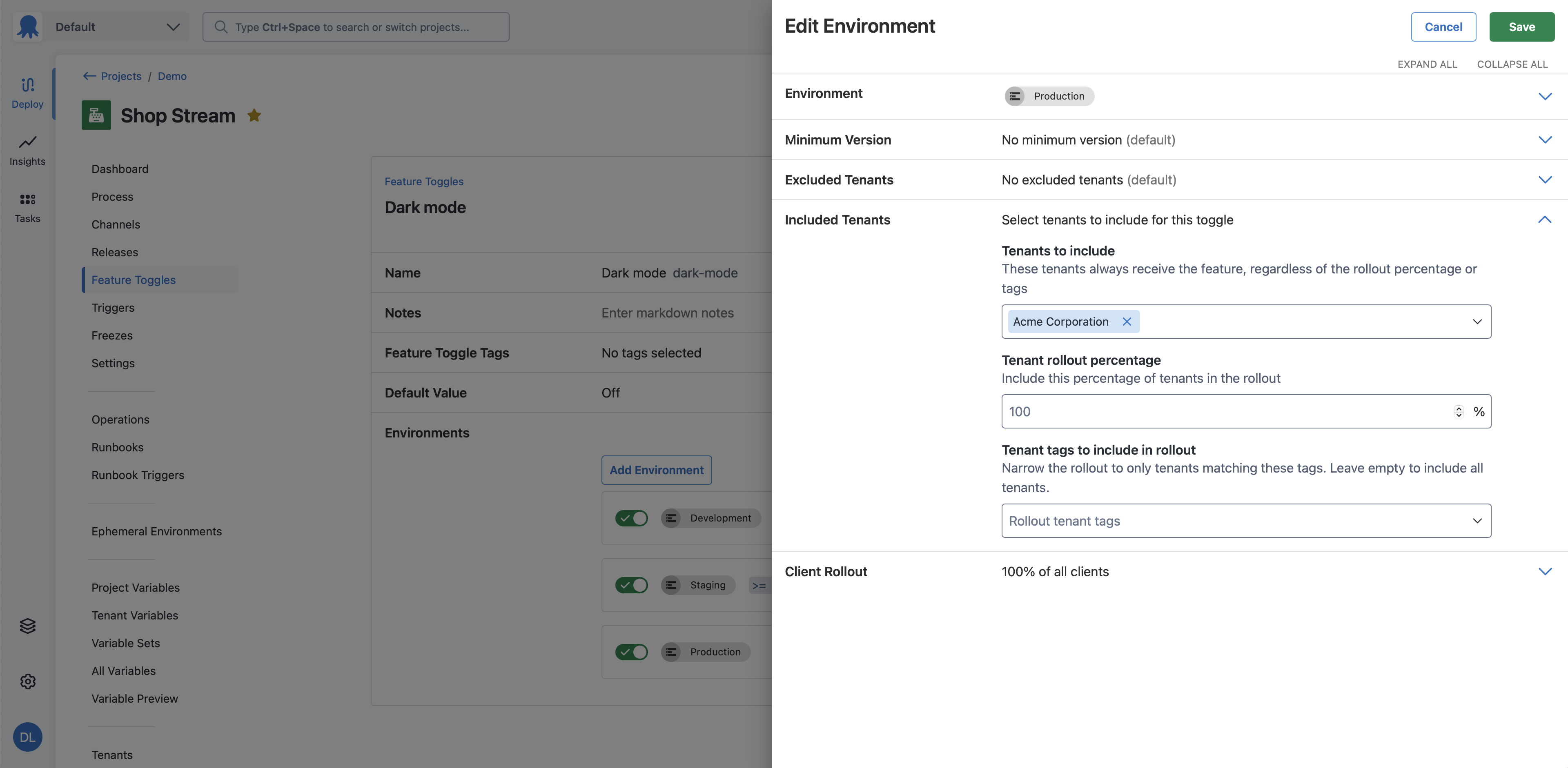 Screenshot of feature toggle environment drawer, included tenants section expanded, tenants to include multi-select has Acme Corporation selected, tenant rollout percentage and tenant tags to include in rollout inputs are empty